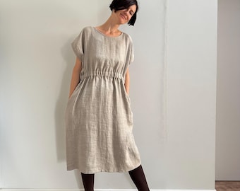 Grey Natural Linen Simple Dress with Elastic Waist, Sleeveless Minimal Herringbone Undyed Linen Dress with Pockets