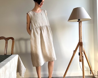 Minimal Natural Linen Sleeveless Summer Dress with Pockets, Gray Natural Lightweight Gathered Dress