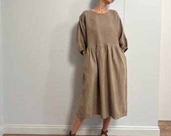 Naturally Dyed Linen Dress with Gathered Sleeves, Sand Eco Dyed Pure Linen Waffle Ruffled Dress, Loose Oversized