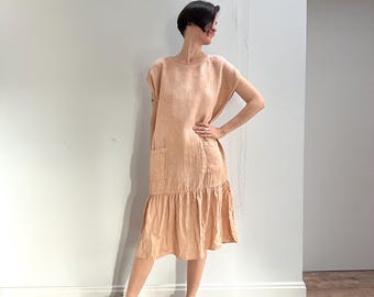 Pink Eco Dyed Natural Linen Dress Fuga,  Sleeveless Loose Pure Linen Summer Dress, Plant Dyed Comfy Retro Style Linen Dress
