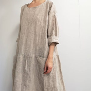 Aria Gray Linen Dress L, Relaxed Fit Natural Linen Dress, Relaxed Style Linen Dress Long Sleeves, Undyed Linen Clothing for Women