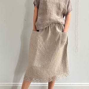 Undyed Natural Linen Minimal Skirt with Elastic Waist, Grey Pure Linen Simple Skirt with Decorative Detail and Pockets