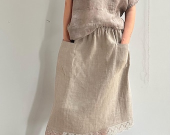 Undyed Natural Linen Minimal Skirt with Elastic Waist, Grey Pure Linen Simple Skirt with Decorative Detail and Pockets