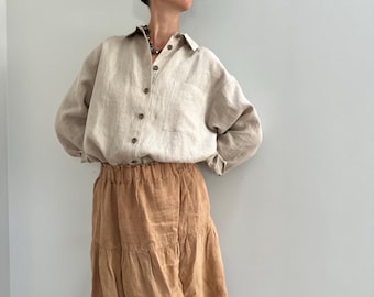 Grey Natural Linen Shirt with Wooden Buttons, Pure Linen Women Summer Shirt with Pocket, Minimal Simple Linen Blouse