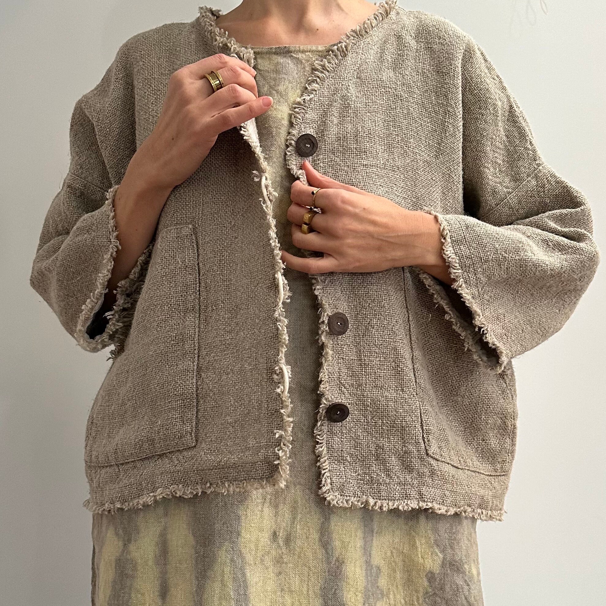 Grey Heavy Cropped Raw Pure Linen Jacket With Wooden Buttons