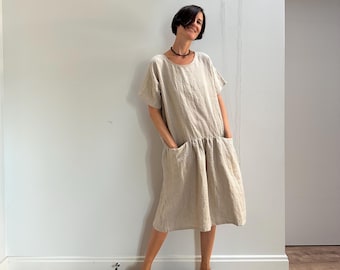 Aria Gray Linen Dress with Short Sleeves,  Relaxed Fit Natural Linen Dress, Summer Undyed Linen Clothing for Women
