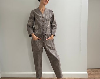 Naturally Dyed Grey Patchy Cotton Jumpsuit, Eco Dyed Utility Suit with Patch Pockets,  Artistic Overalls with Wood Buttons, Rope