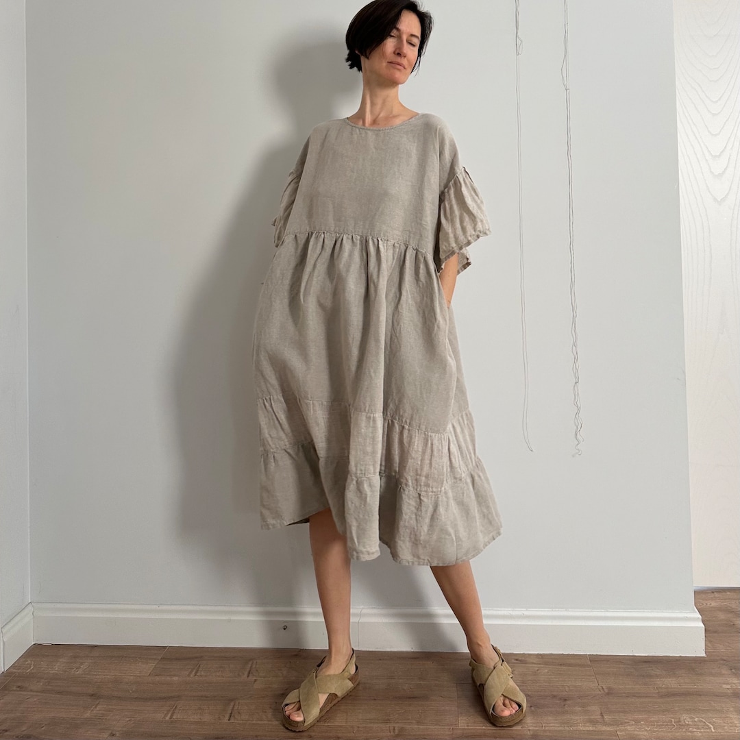 Unique o neck linen dresses light gray plaid patchwork loose Dresses sundress