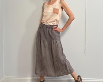 Brown Naturally Dyed Linen Skirt, Chocolate Plant-Dyed Linen Gathered Skirt