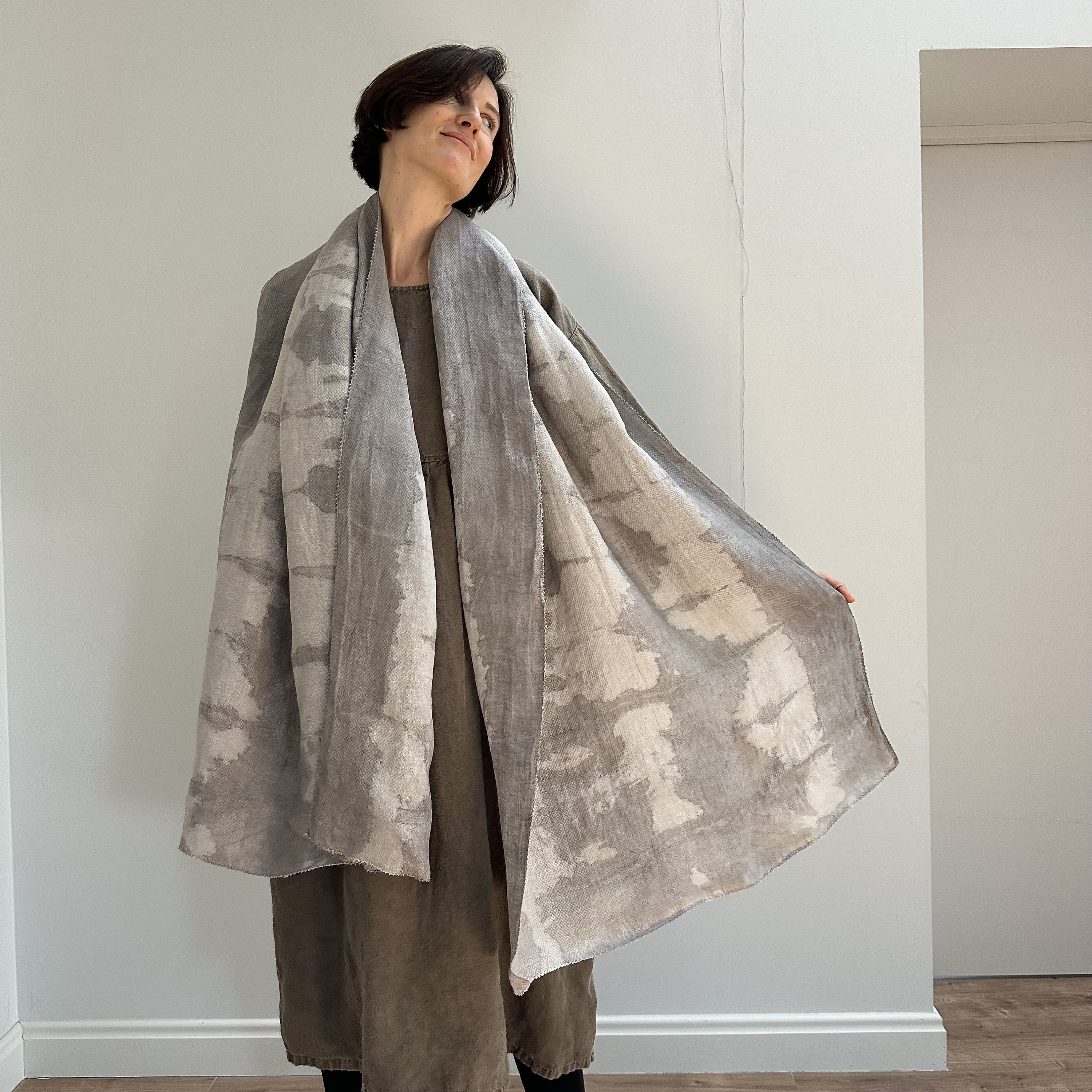 Eco Dyed Light Linen Large Shawl Wrap, Long Big Patterned Handdyed Plant Dyed Linen Scarf, Cozy Light Gray Flax Shawl