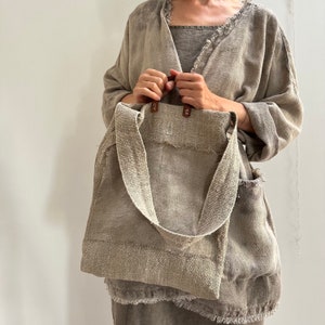 Chunky Antique Linen Handbag Leather Handles, Artistic Plant Dyed Hand Woven Linen Bag, Hand-Dyed Linen Handbag Boho Eco Dyed Pure Linen Bag