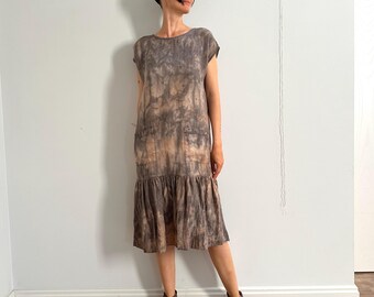 Pink Gray Eco Dyed Natural Linen Dress Fuga,  Sleeveless Loose Pure Linen Summer Dress, Artistic Plant Dyed Comfy Retro Style Linen Dress