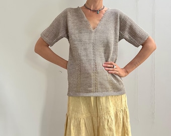 Grey Transparent Natural Linen Knitted Net Top, Summer Sheer Knitted Natural Linen Blouse with Short Sleeves and V Neck
