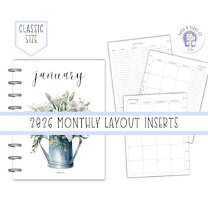 May include: White planner inserts with a floral design and the word "january" in script. The inserts include monthly calendars and lined pages. The text "2026 MONTHLY LAYOUT INSERTS" is also visible.