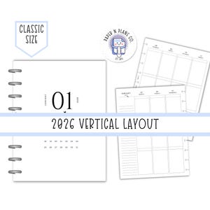 May include: White planner pages with a vertical layout for 2026. The design includes a classic size, with the date January 01, 2026, displayed prominently. The image also shows a Paper N Plans Co. logo and a weekly layout.