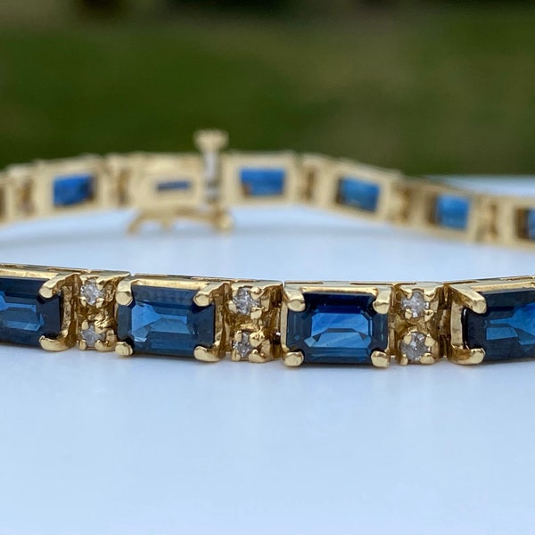 14k Oro Sapphire Diamond Tennis Bracelet Emerald Cut Blue Sapphires 14ctw Diamante .60ctw