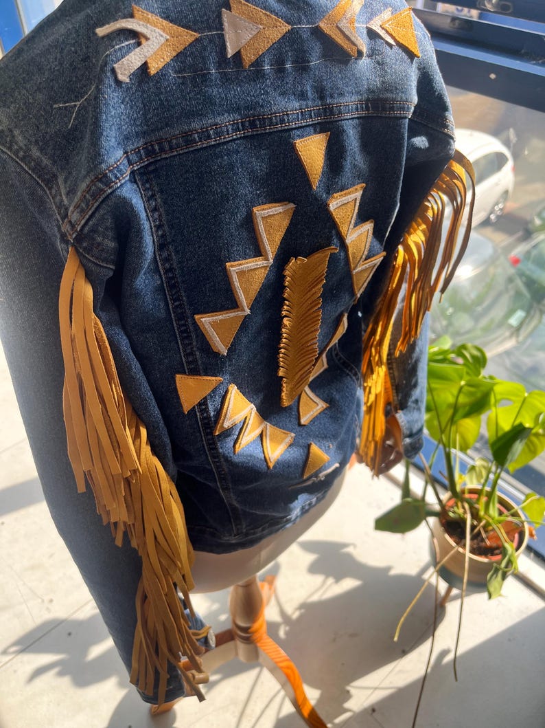 Western Style Aztec Pattern Fringe Upcylced Denim Jacket, Size M - Etsy
