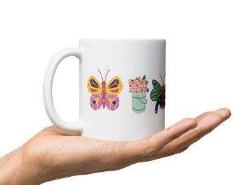 White glossy mug with Flowers and Butterflies! Gift for loved one!