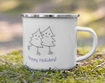 Cute Enamel Christmas Mug - with happy Christmas trees!