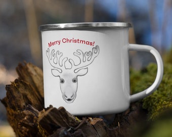 Merry Christmas! Holiday Gift! White Enamel Mug with Reindeer!