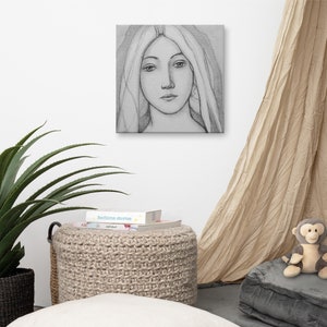 Easter Present Virgin Mary Pencil Drawing Print on Hand-stretched Canvas image 1
