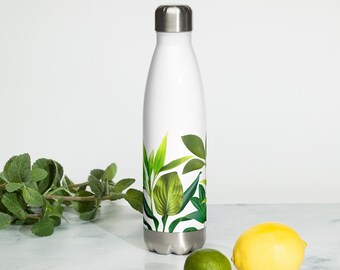 Stainless Steel Water Bottle with Fresh Green Leaves Decor