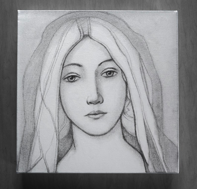 Easter Present Virgin Mary Pencil Drawing Print on Hand-stretched Canvas image 5