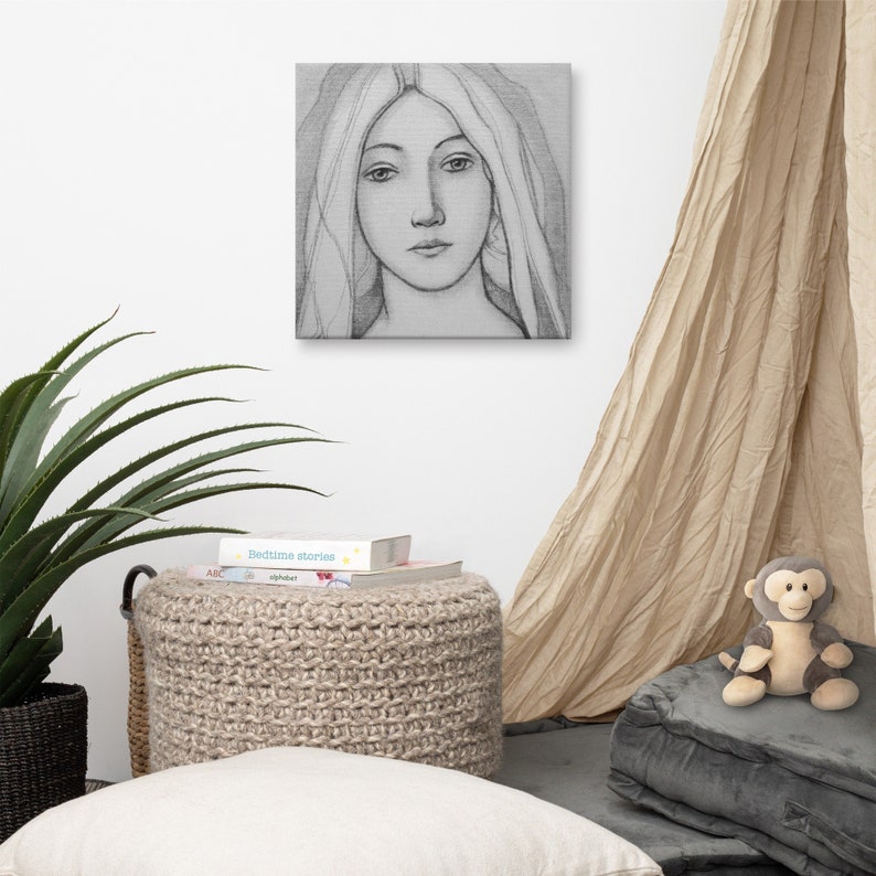 Easter Present Virgin Mary Pencil Drawing Print on Hand-stretched Canvas image 1