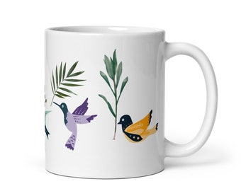 White Glossy Mug with pretty birds and leaves! Sweet Mug for Mothers Day or Loved One!