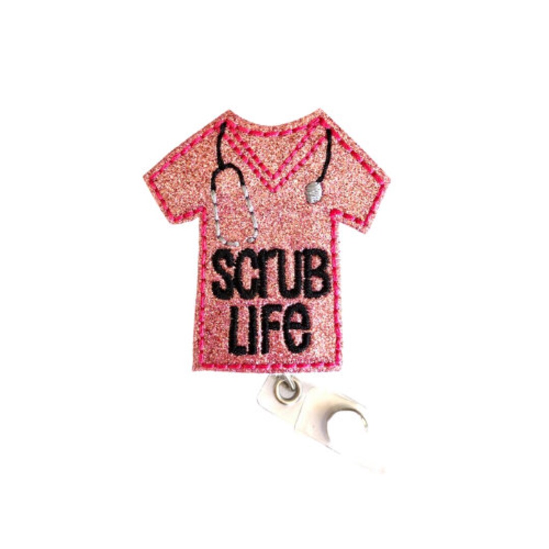 Pink Scrub Life Badge Reel, Embroidered Glitter Felt Badge, Heart