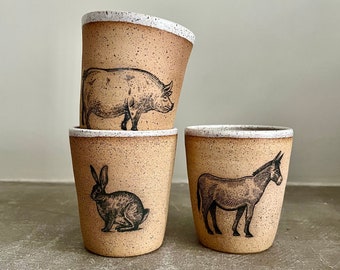 Handmade Ceramic Animal Cup | Ceramic Animal Tumbler | Pig Cup | Rabbit Cup | Bunny Cup | Donkey Cup | Farm Animals Cup