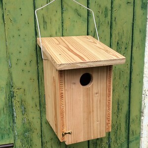 Puede incluir: Una casita de p&aacute;jaros de madera con un peque&ntilde;o agujero de entrada redondo, fijada a una pared de madera verde con un colgador de alambre. La casita de p&aacute;jaros tiene una puerta con bisagras en la parte delantera.