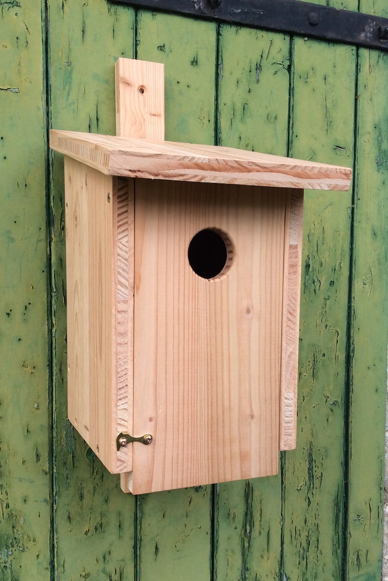 Puede incluir: Una casita de p&aacute;jaros de madera con un peque&ntilde;o agujero de entrada redondo. La casita de p&aacute;jaros est&aacute; pintada de un color madera natural y tiene un dise&ntilde;o simple y r&uacute;stico. Est&aacute; montada en una pared de madera verde.