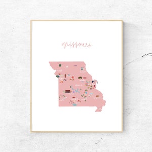 May include: A pink illustrated map of Missouri with the word "missouri" written in cursive at the top. The map shows various cities and landmarks throughout the state, including St. Louis, Kansas City, and Branson.