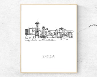 May include: A black and white line drawing of the Seattle skyline, including the Space Needle and Mount Rainier. The text "Seattle, Washington" is below the drawing.