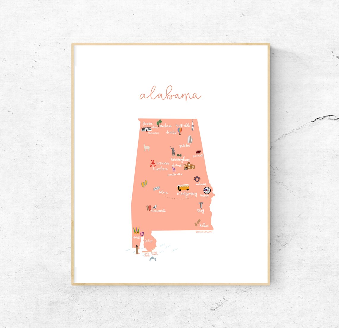 Alabama Illustrated Map Hand-drawn (unframed) - Etsy