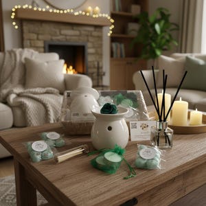 May include: A white ceramic wax warmer with a dark green flower on top, a glass reed diffuser with black sticks, three pillar candles, a small glass vial of matches, and several packages of light green wax melts in a green organza bag and plastic.