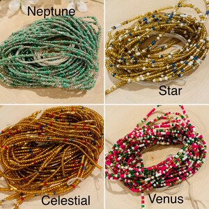 May include: Four different beaded waist chains, each with a unique colour combination and pattern. The chains are labelled "Neptune", "Star", "Celestial", and "Venus".