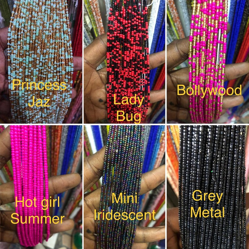 May include: Six different types of beaded jewellery, each with a unique colour and pattern. The jewellery is labelled with names like "Princess Jaz", "Lady Bug", "Bollywood", "Hot girl Summer", "Mini Iridescent", and "Grey Metal".