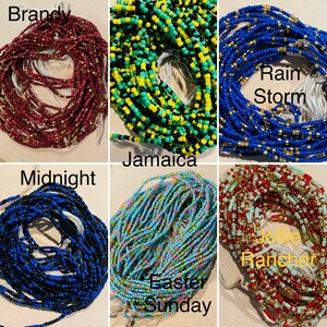 May include: Six different sets of colourful beaded waist beads, each with a unique name: Brandy, Jamaica, Rain Storm, Midnight, Easter Sunday, and Jolie Rancher.
