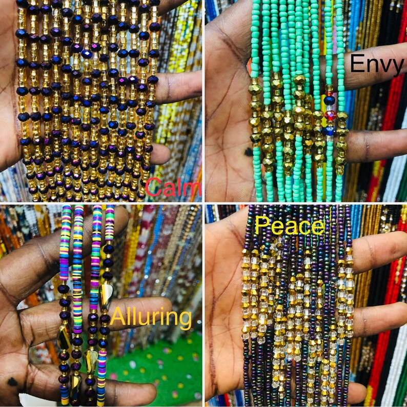 May include: Four different types of waist beads, each with a different colour scheme and bead style. The beads are labelled "Calm", "Alluring", "Peace", and "Envy".