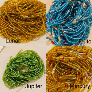 May include: Four different types of waist beads, each with a different colour and pattern. The beads are labelled "Lunar", "Pluto", "Jupiter", and "Mercury".