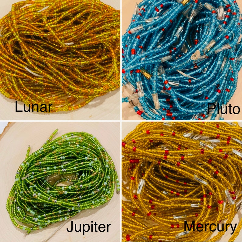 May include: Four different types of waist beads, each with a different colour and pattern. The beads are labelled "Lunar", "Pluto", "Jupiter", and "Mercury".