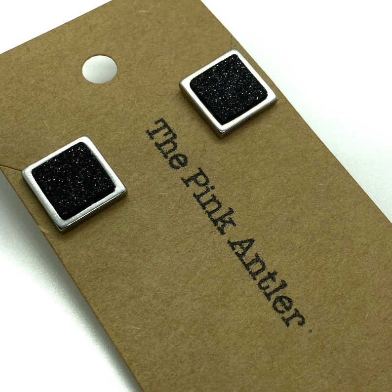 Geometric Stud Earrings Tiny Black Glitter Cork Square Studs Minimalist Stainless Steel Studs, Vegan Leather Everyday Post Earrings