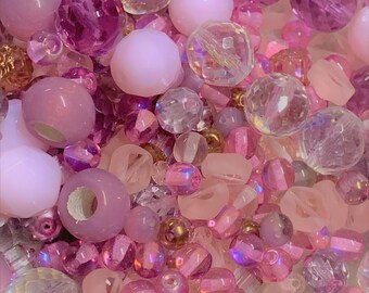 Czech Beads Pressed Mix Shell Pink Dark Pink 40 grams Dusty Rose Light Pink 0924