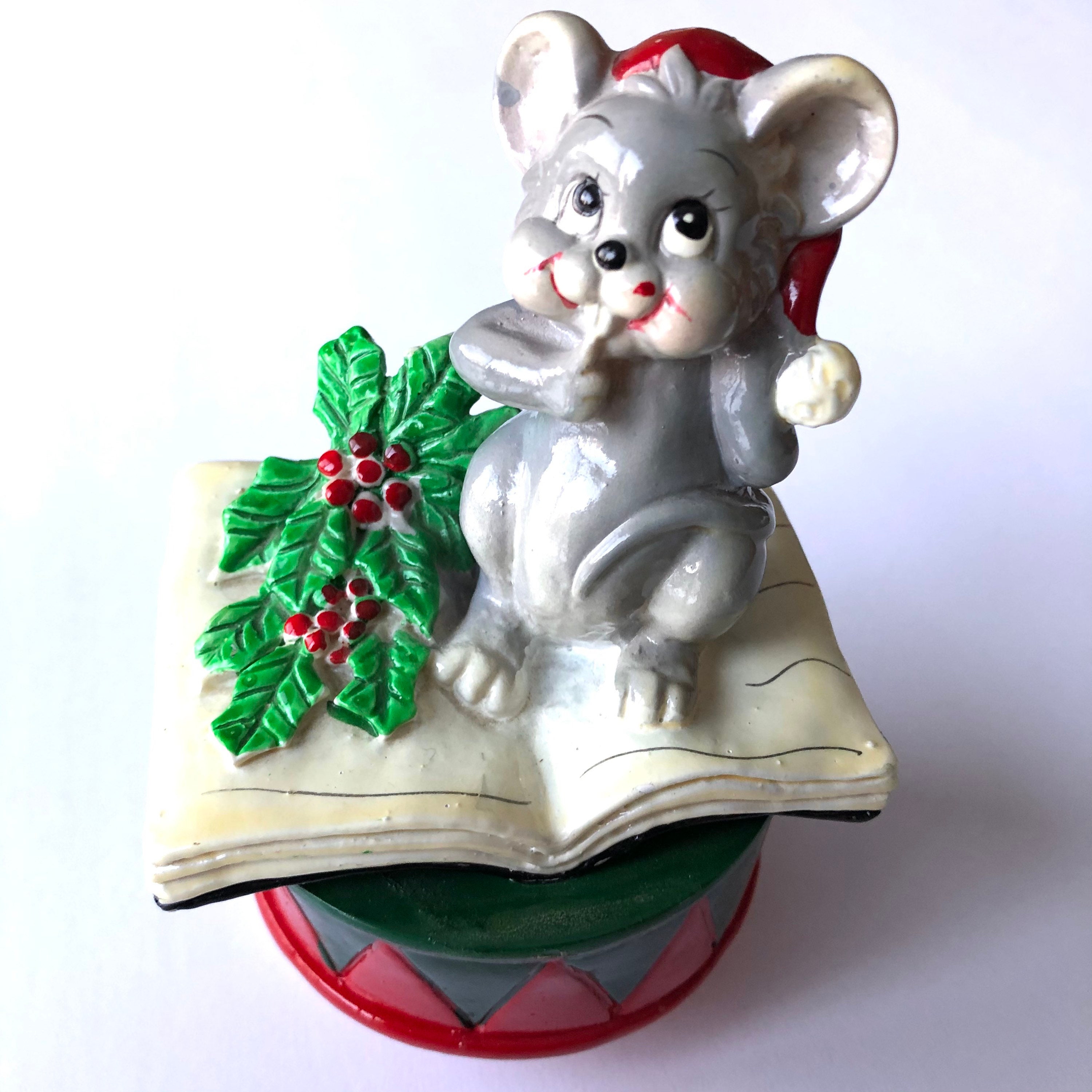 Vintage Christmas Mouse Figurine Red Green Mistletoe Book Drum Etsy