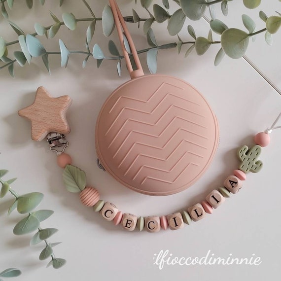 Catenella portaciuccio in legno e silicone personalizzabile