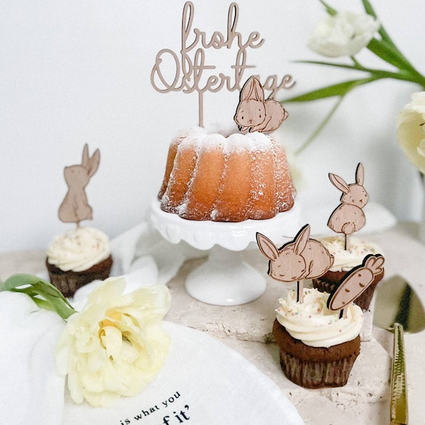 Mini Cake Topper Set "4 Häschen + 1 Karotte" aus Holz