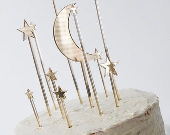 Himmlischer Cake Topper "Mond & Sterne" aus Acryl | Hochzeitstorte | Tortenstecker | Kuchentopper | Tortenaufsätze | Geburtstagstopper