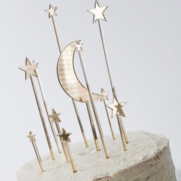 Himmlischer Cake Topper "Mond & Sterne" aus Acryl | Hochzeitstorte | Tortenstecker | Kuchentopper | Tortenaufsätze | Geburtstagstopper